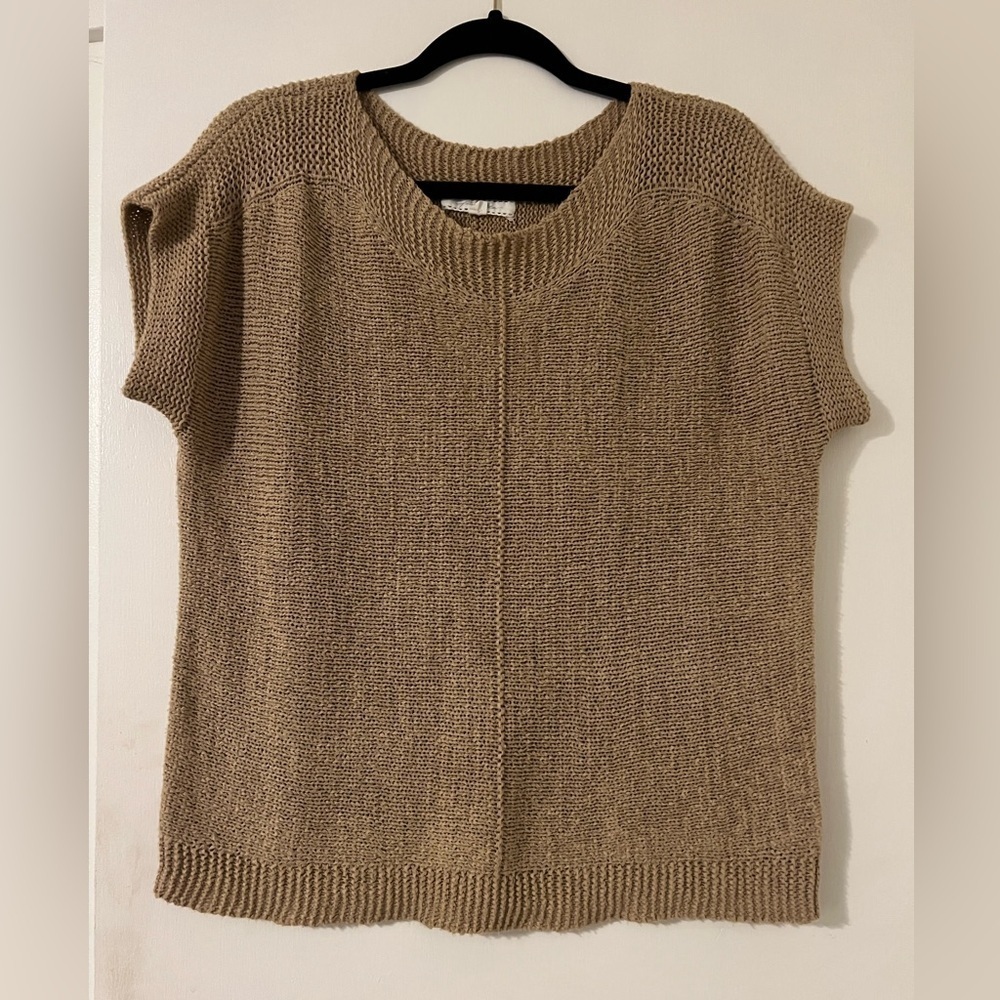 Pointelle Womens Cap Sleeve Sweater Large Tan Loose Weave size M (Q116)